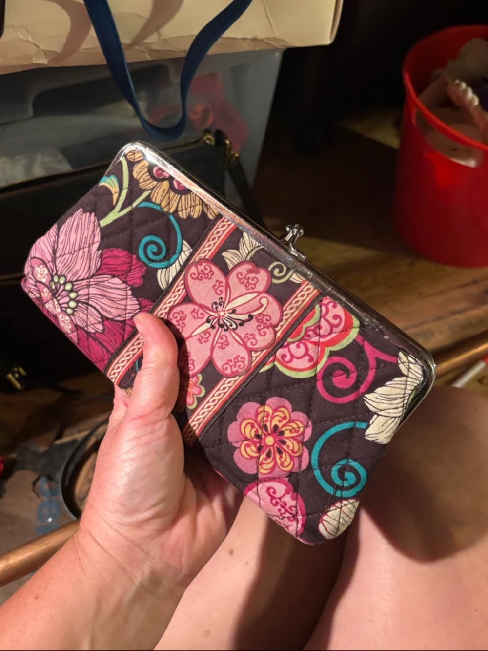 Vera Bradley Quilted Floral Clasp Wallet in Pink, Teal & Brown
